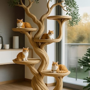 木の形の木製キャットツリー - 手作りの天然枝のキャットタワー、室内猫棚家具、新デザイン