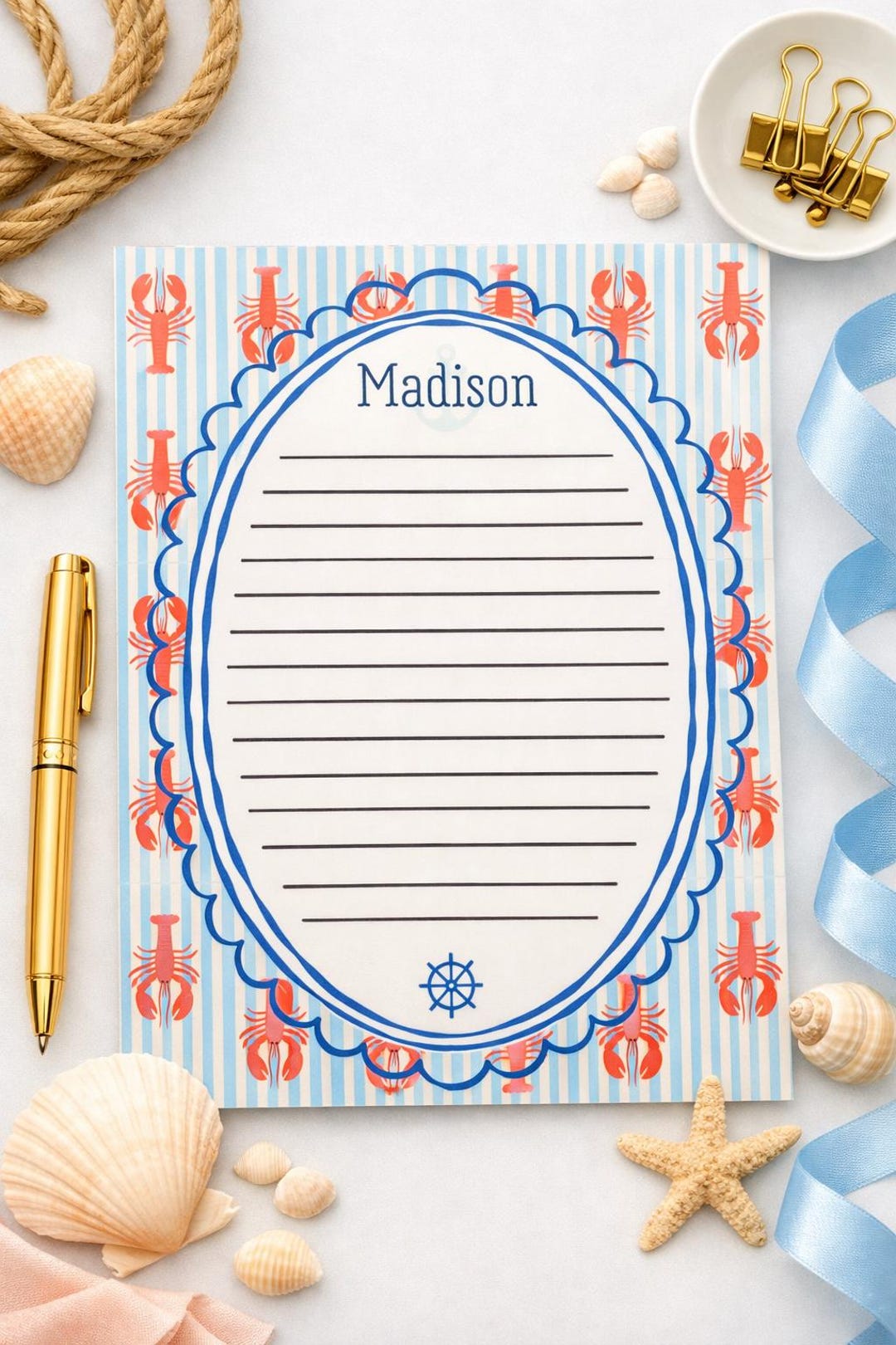 Personalized Lobster Notepad | Nautical Stationery | Coastal Striped ...