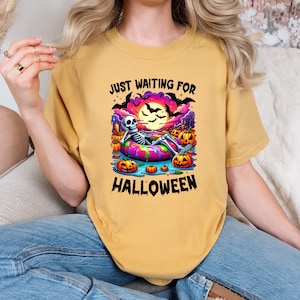 Just Waiting for Halloween Sweatshirt, Halloween Tee, Funny Halloween Shirt, Skeleton Halloween, Skeleton Dancing Shirt, Tis The Season Tee