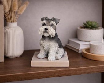 Schnauzer Concrete Statue with Wooden Base – Handmade Dog Sculpture – Gift for Schnauzer Lovers
