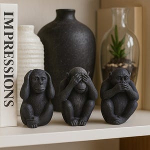May include: Three black monkey figurines in the classic "See no evil, hear no evil, speak no evil" poses. The figurines are on a white shelf, with a book that says "IMPRESSIONS" next to them. Decorative vases are in the background.