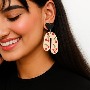 Dangle Earrings with Black Heart Studs Cute Acrylic Statement Jewelry for Women and Girls, Fruity Summer Gift
