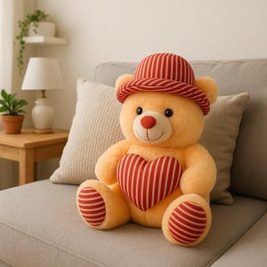 Stuffie Buddy Soft Teddy Bear with Striped Heart Hat – Plush Gift Toy for Kids & Loved Ones 60 CM