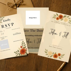 Puede incluir: Tres tarjetas de invitación de boda con un tema rústico. Las tarjetas presentan un diseño floral con flores naranjas, blancas y verdes. El texto en las tarjetas dice "Save The Date", "Estás invitado a la celebración de la boda de John & Jill" y "kindly RSVP".