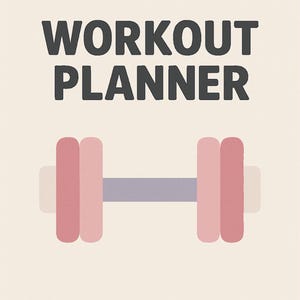 以下が含まれることがあります： 「WORKOUT PLANNER」という黒いテキストと、ピンクのダンベルとグレーのバーが描かれたワークアウトプランナーです。