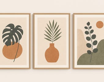 Könnte beinhalten: Set aus drei abstrakten Kunstdrucken mit minimalistischen Illustrationen von Pflanzen in verschiedenen Grüntönen, Braun- und Beigetönen. Die Drucke sind in einem hellen Holzrahmen gerahmt.