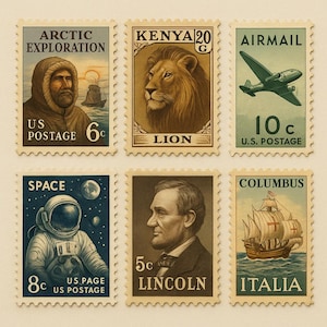 Vintage Stamp Poster – Druckbare Stempelkunst – Sammelstempel Wanddekoration – 6 Retro Briefmarken – Digitaler Download