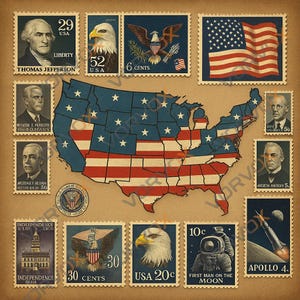 Collage de sellos postales antiguos de EE. UU., arte mural – Póster retro de historia estadounidense – Descarga digital de sellos reales (vista previa con marca de agua) – 5 tamaños