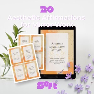 20 afirmaciones estéticas para el trabajo frente al espejo / Citas de amor propio imprimibles / Tarjetas digitales de arte mural en PDF / Descarga de sanación femenina suave