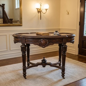 May include: A dark brown, antique oval table with ornate carved details. The table has four carved legs and a decorative apron. A book and inkwell sit on the table's surface. The table is placed on a light-colored rug.