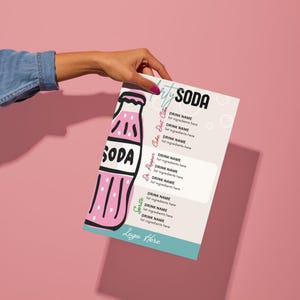 May include: A menu for "Party Soda" featuring a pink soda bottle graphic. The menu lists drink names and ingredient sections. The menu has a light beige background with a teal border and the words "Logo Here" at the bottom.
