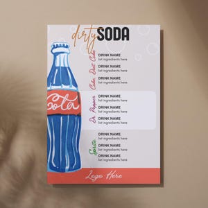 Modelo editável para impressão de cardápio de refrigerantes sujos no Canva para cafeterias, cafés e estações de bebidas