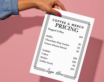 Merchandise Menu Price Sheet for Cafe, Coffee Shop, Mobile Drink Station, Vendor, and more