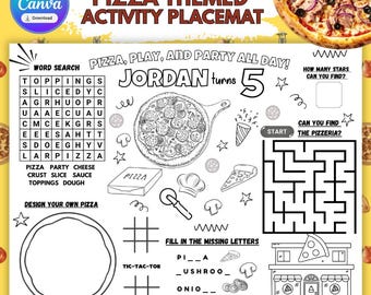Página para colorear con temática de pizza / Página para mantel individual para fiesta