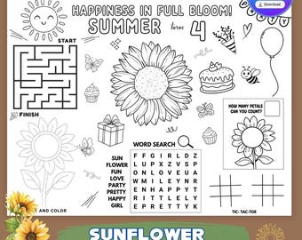 Página de actividades personalizada para fiesta de cumpleaños con temática de girasoles