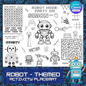 Robot-Themed Party Activity Placemat | Personalized Robot Party Favor Ideas | Robot Coloring Activity Page | Robot Table Mat Party Fillers