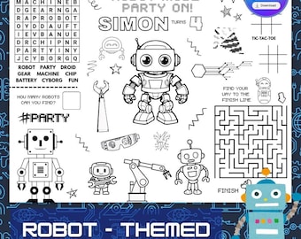 Mantel individual personalizado para fiesta de robots: Página para colorear (Descarga digital)