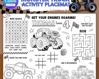Página de actividades personalizada con temática de Monster Truck para fiestas de cumpleaños