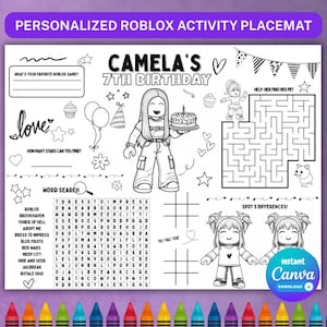 Puede incluir: Un mantel individual de actividades de Roblox personalizado para un 7º cumpleaños, con una búsqueda de palabras, un laberinto, tres en raya y juegos de diferencias. El diseño incluye una niña de dibujos animados sosteniendo un pastel, globos y el texto "7th Birthday de Camela".