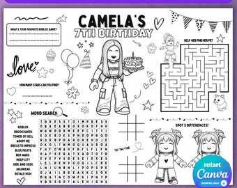 Personalized Blocky Avatar Coloring Pages Birthday Coloring Placemat |  Blocky Gamer Activity placemat for girls