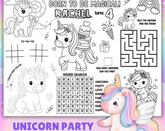 Mantel individual de unicornio para fiesta de cumpleaños: Página para colorear editable (Descargar)