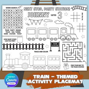 Train - Themed Birthday Party Activity Coloring Placemat| Editable Train Party Table Mat for Kids | Train Birthday Party Favor and Ideas