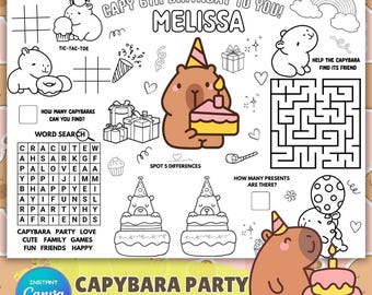Personalized Capybara Coloring Activity Page for Birthday Party Favors | Activity Page/Sheet for Capybara themed Parties |Editable Placemat