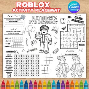 Könnte beinhalten: Schwarz-weiß Roblox-Aktivitäts-Platzset mit verschiedenen Spielen und Rätseln, darunter ein Labyrinth, eine Wortsuche und Tic-Tac-Toe. Enthält den Text "Matthew's 8th Birthday" und Roblox-Illustrationen. Am unteren Rand befinden sich farbige Buntstifte.