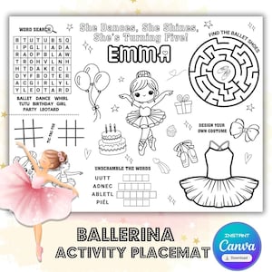 Ballerina Birthday Party Activity Placemat | Personalized Ballerina Coloring Sheet | Ballerina Party Favor | Ballerina Birthday Ideas Games