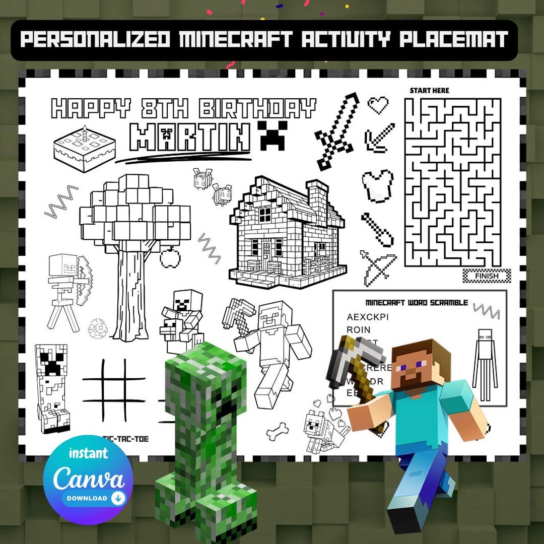 Personalized Minecraft Activity Placemat Minecraft Coloring Page