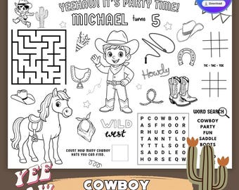 Mantel individual para fiesta temática de vaqueros / Página para colorear para niños