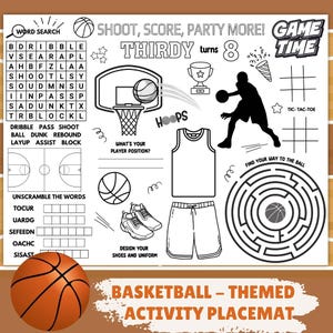Basketball - Themed Birthday Party Activity Page | Personalized Coloring Basketball Party Placemat | Basketball Party Game Ideas for boys