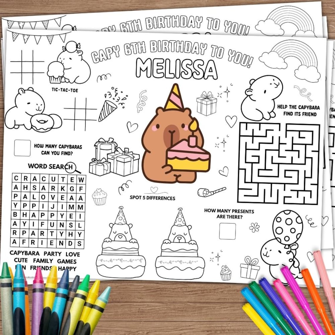 Personalized Capybara Coloring Activity Page for Birthday Party Favors ...