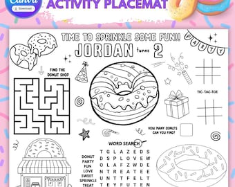 Página de actividades imprimible sobre donas para niños / Mantel individual divertido para aprender