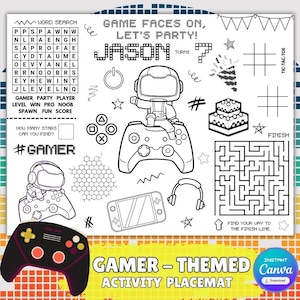 Gamer Birthday Party Activity Page | Gamer Coloring Table Mat Sheet | Gamer Party Game Ideas | Gamer Party Favor Activity Placemat
