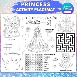 Princess- Themed Birthday Activity Placemat - Personalized Princess Party Favor, Princess Coloring Page, Princess Activity Sheet