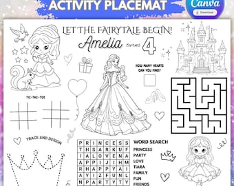 Personalized Princess Birthday Placemat – Printable Party Activity (Digital Download)