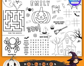 May include: Black and white Halloween activity placemat with a pumpkin, witch, and various games. Includes a maze, word search, and tic-tac-toe. The text reads "Let's Get This Party Haunted!" and "Halloween Activity Placemat."