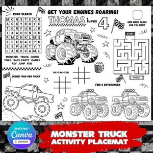 Könnte beinhalten: Schwarz-weiß Monster Truck Aktivitäts-Platzset mit Wortsuche, Labyrinth, Tic-Tac-Toe und anderen Spielen. Enthält den Text "Get Your Engines Roaring!" und "Thomas turns 4". Enthält Illustrationen von Monster Trucks und Zielflaggen.