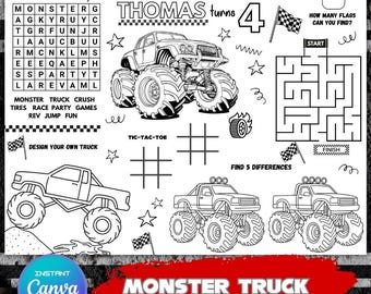 Hoja para colorear de fiesta de cumpleaños de Monster Truck, página de actividades personalizada para la mesa de Monster Truck, página editable para fiesta de Monster Truck