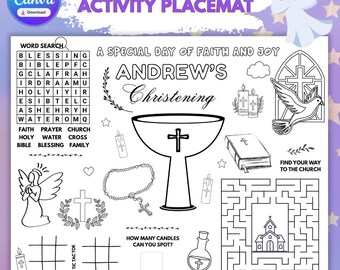 Mantel individual personalizado para colorear para niños / Hoja de actividades de bautizo imprimible / Diversión para la mesa de la fiesta