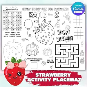 Strawberry-Themed Birthday Party Activity Placemat |Strawberry Coloring Sheet | Strawberry Table Page - Party Favor Ideas | Berry Party