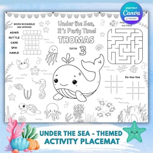 May include: Black and white activity placemat with an "Under the Sea" theme. Features a whale, sea creatures, word scramble, maze, and tic-tac-toe. Text includes "Under the Sea, It's Party Time!" and "THOMAS turns 3".