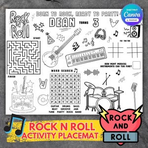 May include: Black and white rock and roll themed activity placemat. Features a maze, word search, tic-tac-toe, and illustrations of musical instruments like a guitar, drums, and keyboard. Includes the text "Rock N Roll Activity Placemat".