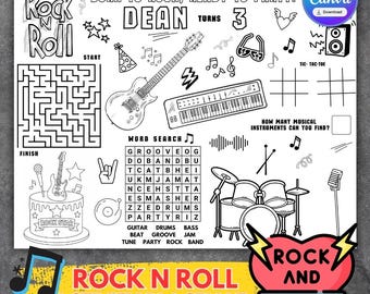 Set de table à colorier pour fête d'anniversaire Rock n Roll – Feuille d'activité modifiable (téléchargement numérique)