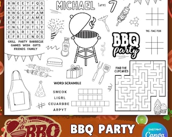 BBQ Birthday Party Page, Coloring Table Party Game Ideas | Activity Placemat (Digital Download)