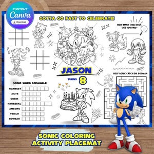 Sonic verjaardagsactiviteit placemat | Activiteitenblad verjaardagsfeestje kinderen | Bewerkbaar Sonische activiteitenblad| Gepersonaliseerde Sonic-feesttafelpagina