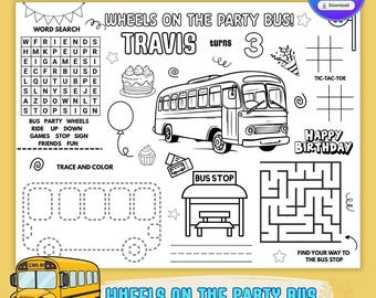 Las ruedas del autobús - Mantel individual con actividades para fiestas temáticas / Tapete para colorear de cumpleaños infantil