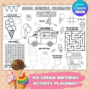 Ice cream Party Activity Sheet, Personalized Ice cream Activity Placemat, Ice cream Birthday Activity, I Scream Ice cream Editable Page