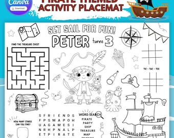 Mantel individual para colorear con temática pirata para juegos de fiesta de cumpleaños - Descarga digital